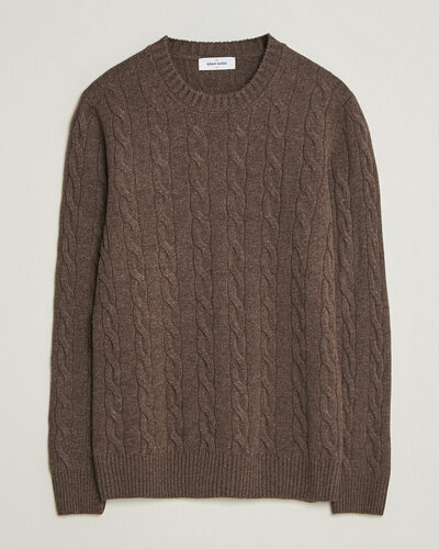 Gran Sasso Wool/Cashmere Cable Crew Neck Dark Brown Melange
