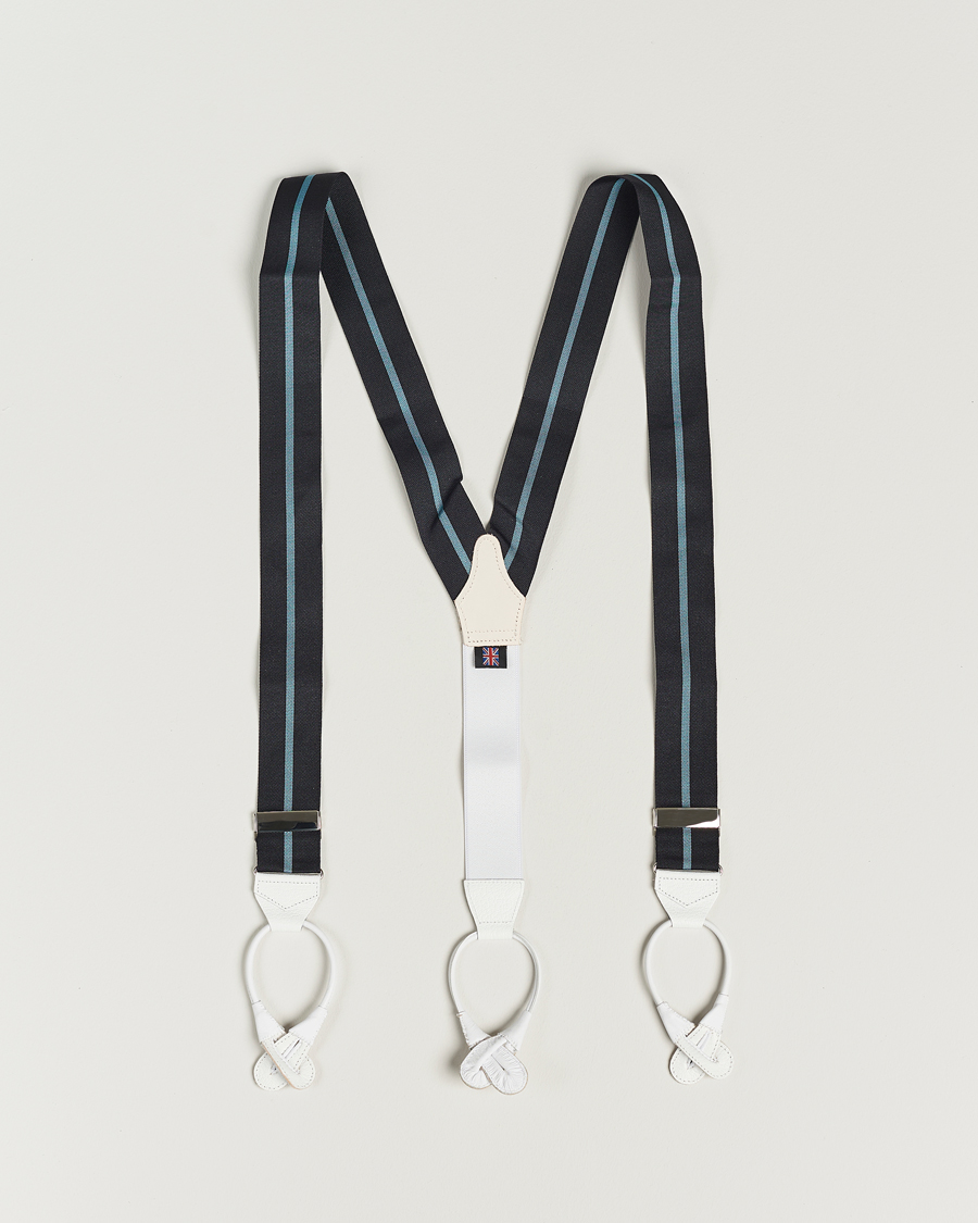 Men | Albert Thurston Thin Stripe Braces 40mm Black/Sky | Albert Thurston | Thin Stripe Braces 40mm Black/Sky