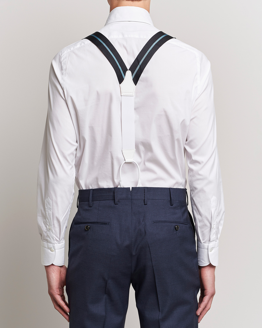 Men | Albert Thurston Thin Stripe Braces 40mm Black/Sky | Albert Thurston | Thin Stripe Braces 40mm Black/Sky