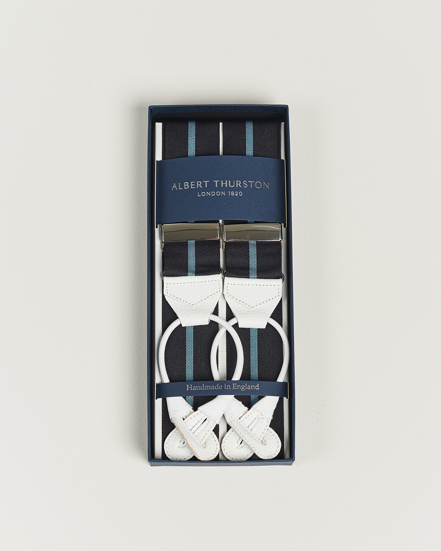Men | Albert Thurston Thin Stripe Braces 40mm Black/Sky | Albert Thurston | Thin Stripe Braces 40mm Black/Sky