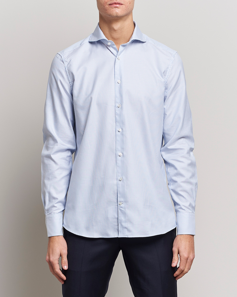 Men | Business Shirts | Stenströms | 1899 Slimline Supima Cotton Striped Shirt White/Blue