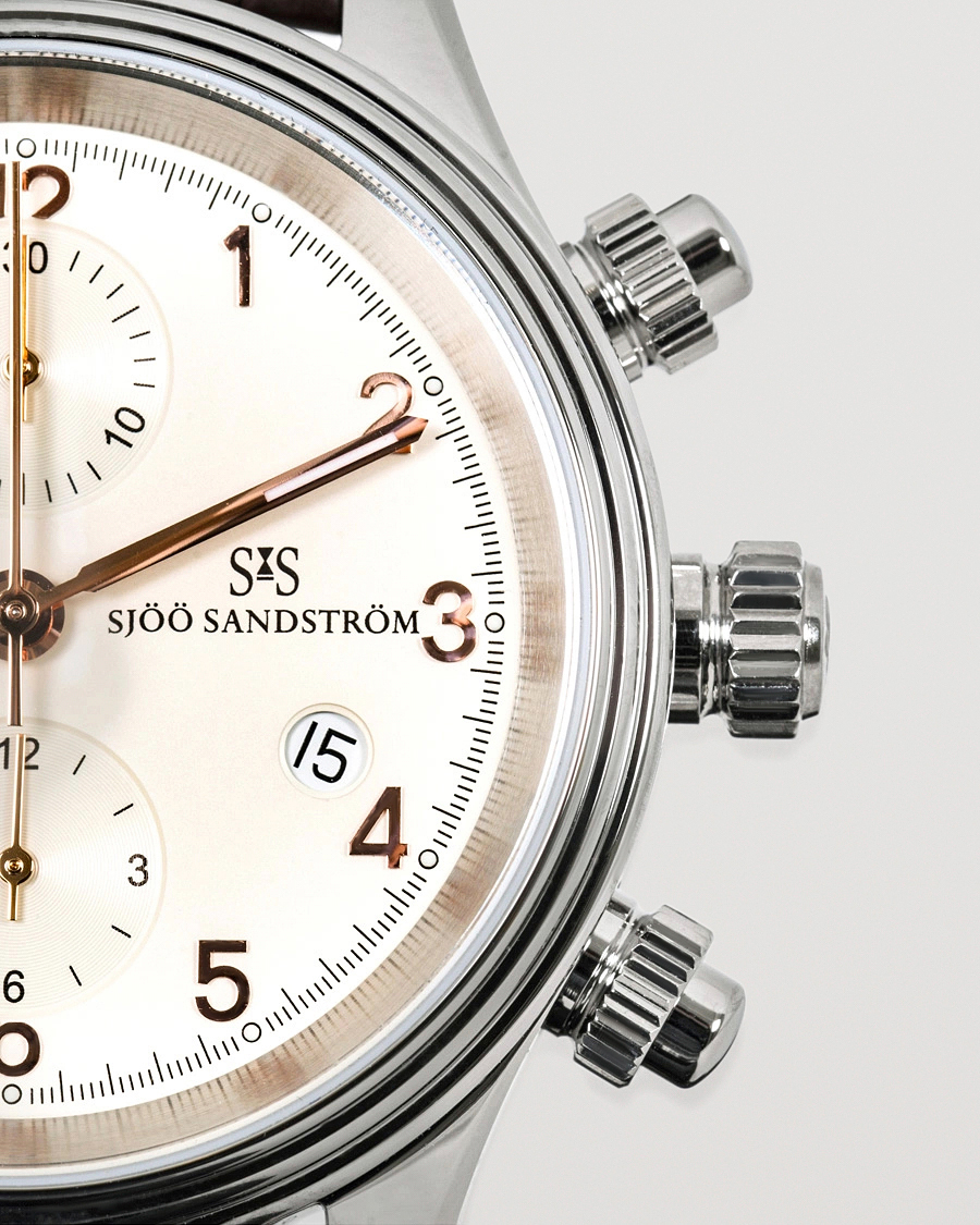 Men | Sjöö Sandström Royal Steel Chronograph 42mm Ivory/Brown Alligator | Sjöö Sandström | Royal Steel Chronograph 42mm Ivory/Brown Alligator