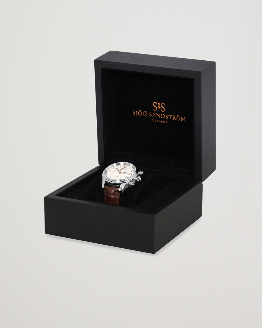 Men | Sjöö Sandström Royal Steel Chronograph 42mm Ivory/Brown Alligator | Sjöö Sandström | Royal Steel Chronograph 42mm Ivory/Brown Alligator