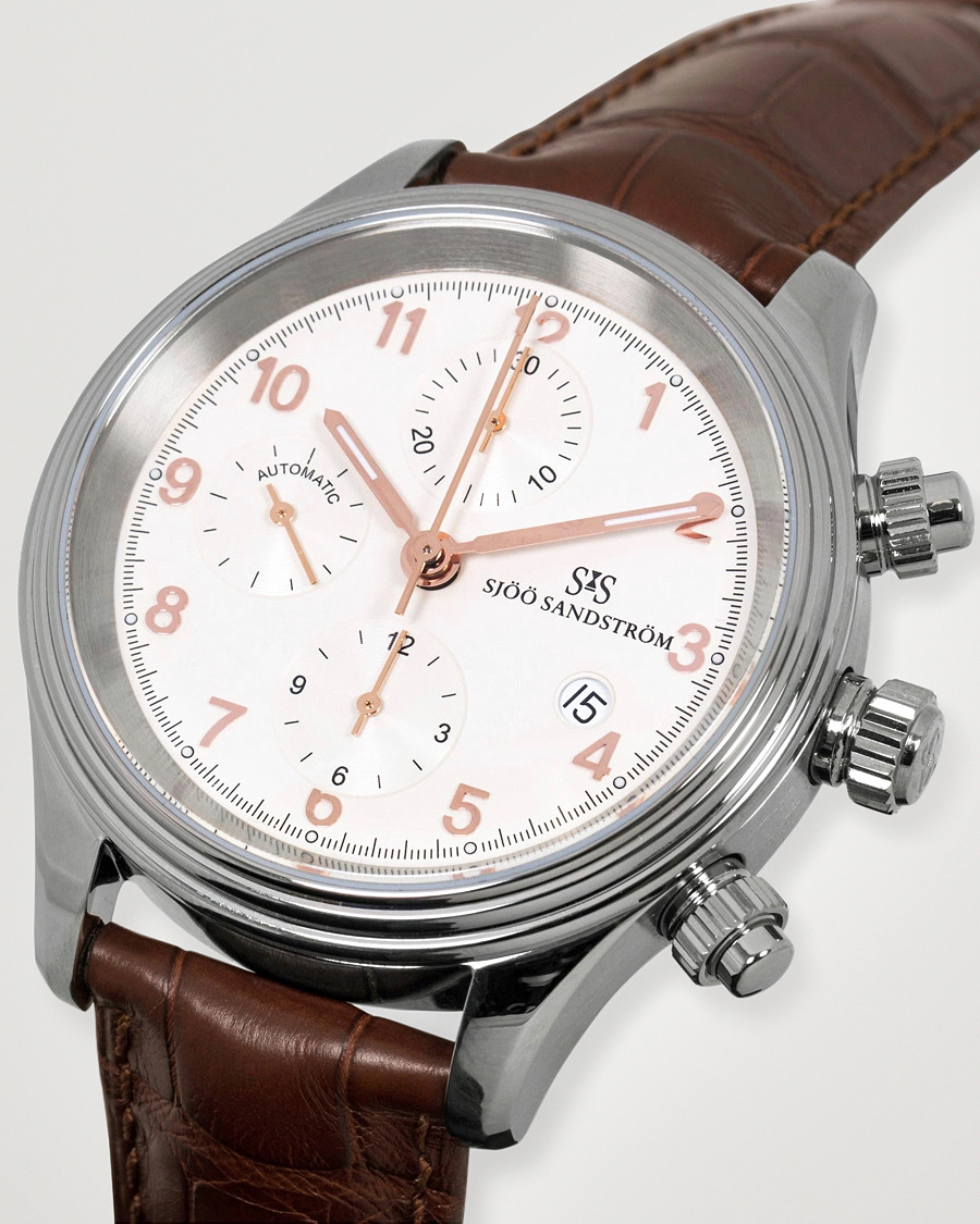 Men | Sjöö Sandström Royal Steel Chronograph 42mm Ivory/Brown Alligator | Sjöö Sandström | Royal Steel Chronograph 42mm Ivory/Brown Alligator