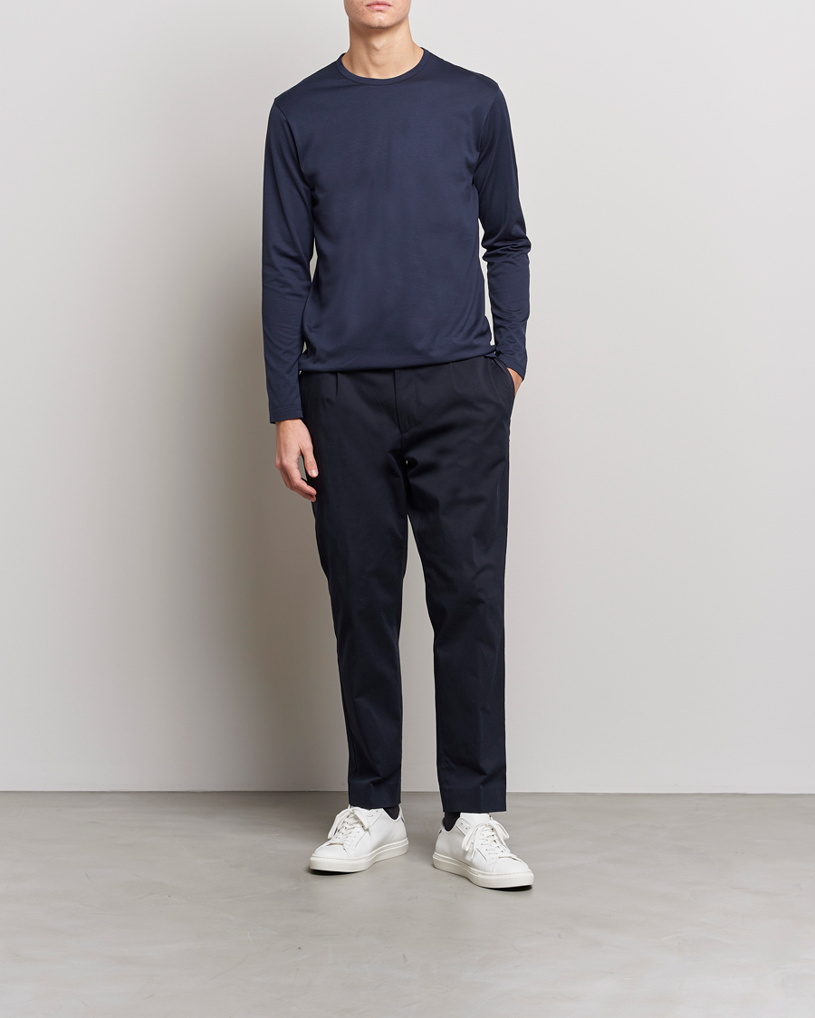 Men | T-Shirts | Sunspel | Long Sleeve Crew Neck Cotton Tee Navy