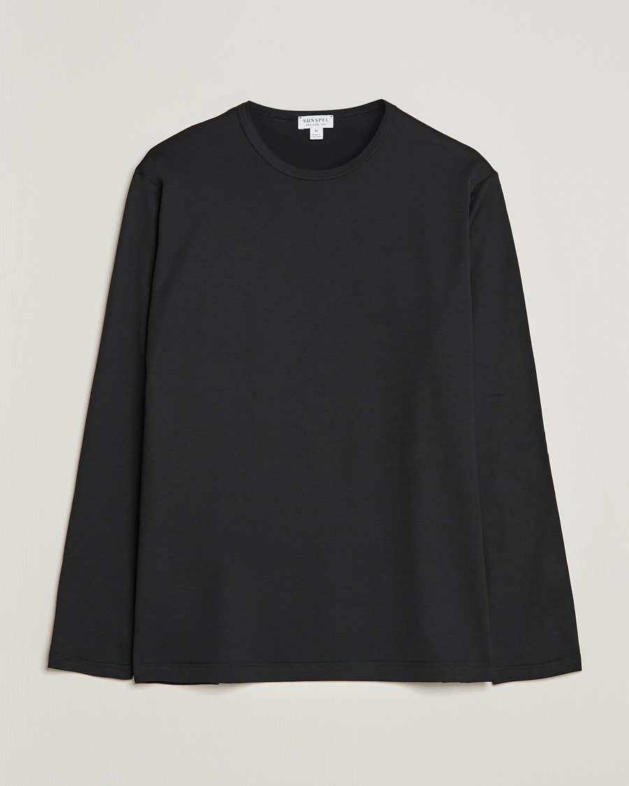 Men | T-Shirts | Sunspel | Long Sleeve Crew Neck Cotton Tee Black