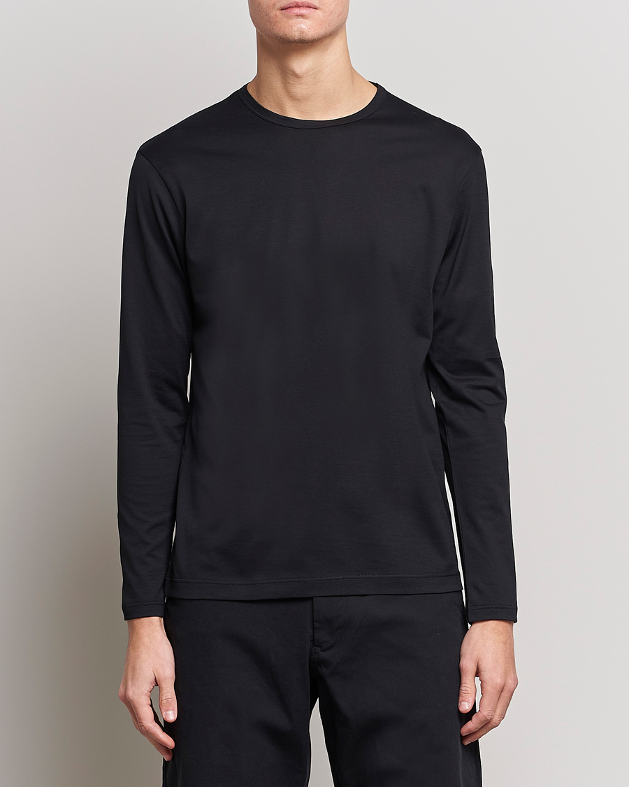 Men | Long Sleeve T-shirts | Sunspel | Long Sleeve Crew Neck Cotton Tee Black