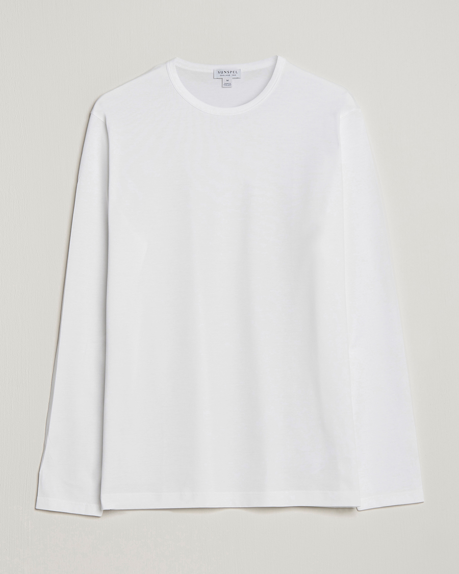 Men | T-Shirts | Sunspel | Long Sleeve Crew Neck Cotton Tee White