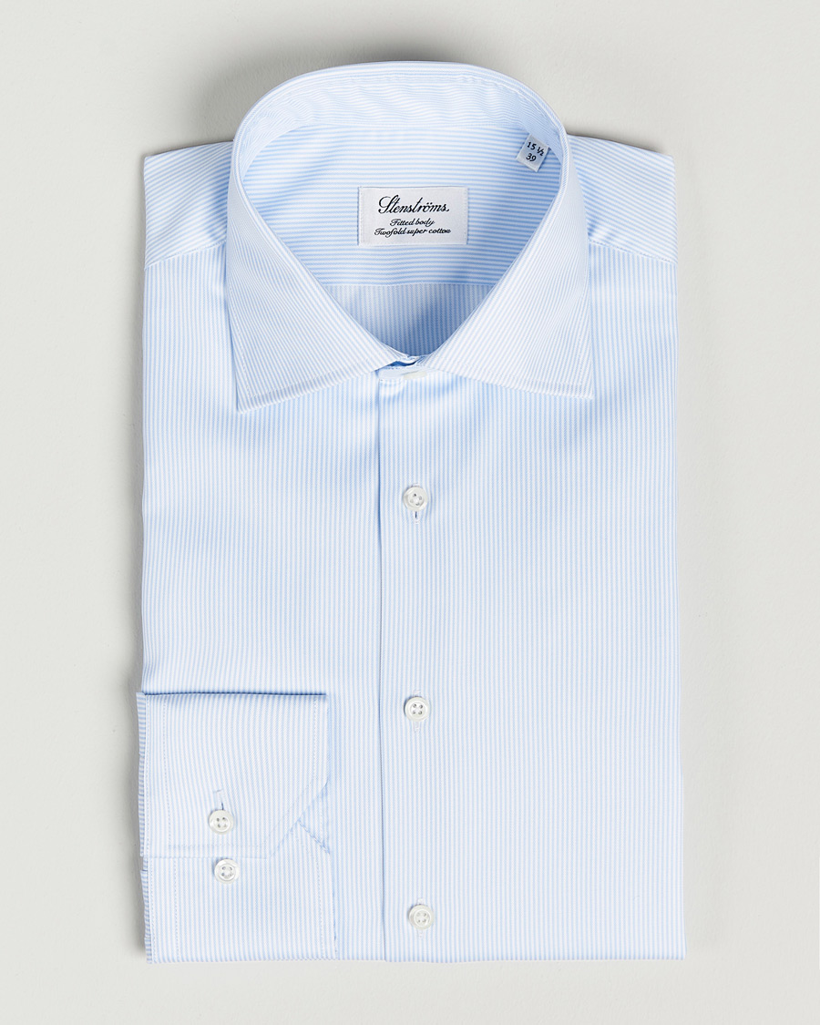 Men | Shirts | Stenströms | Fitted Body Thin Stripe Shirt White/Blue