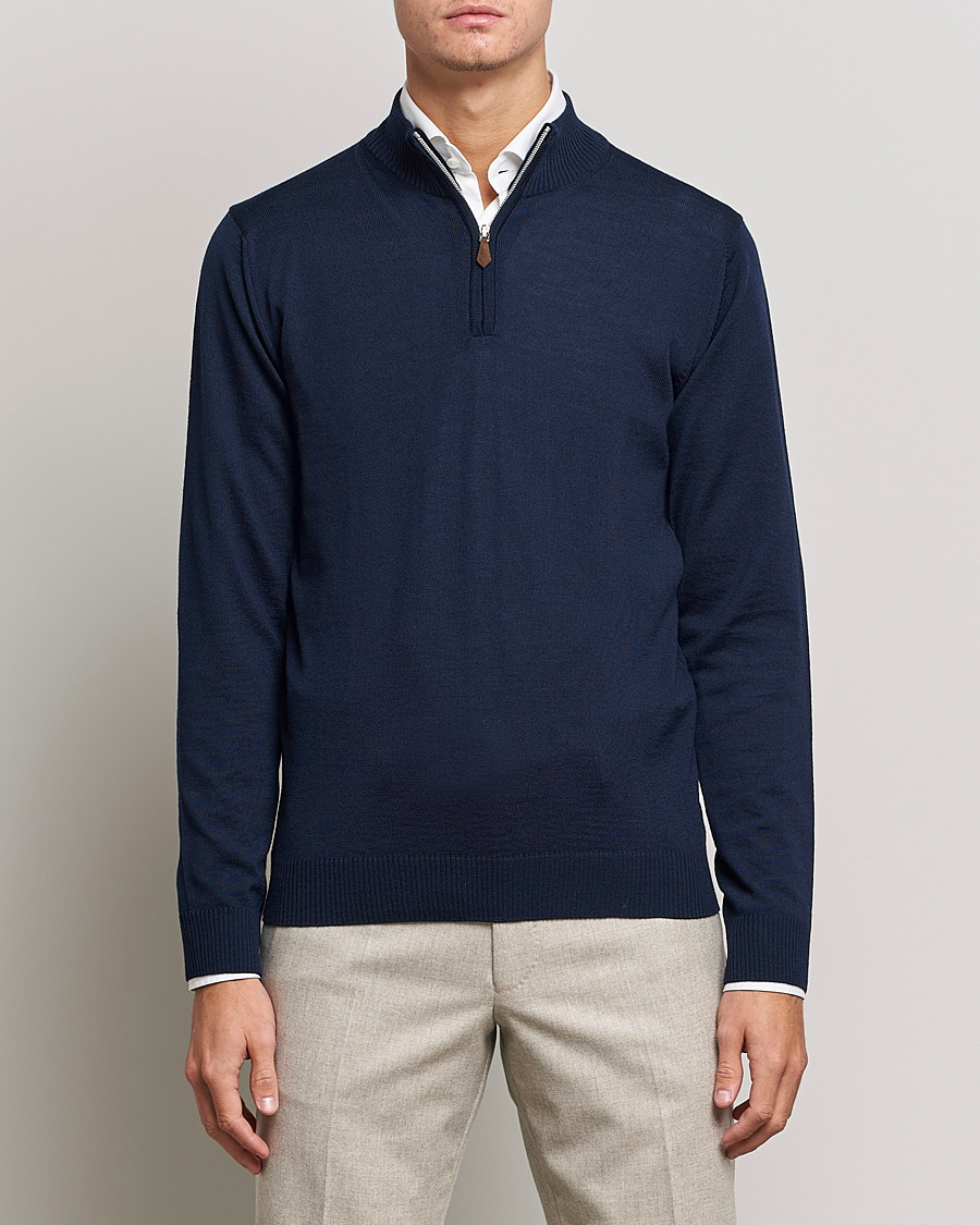 Men | Sweaters & Knitwear | Stenströms | Merino Wool Half Zip Navy