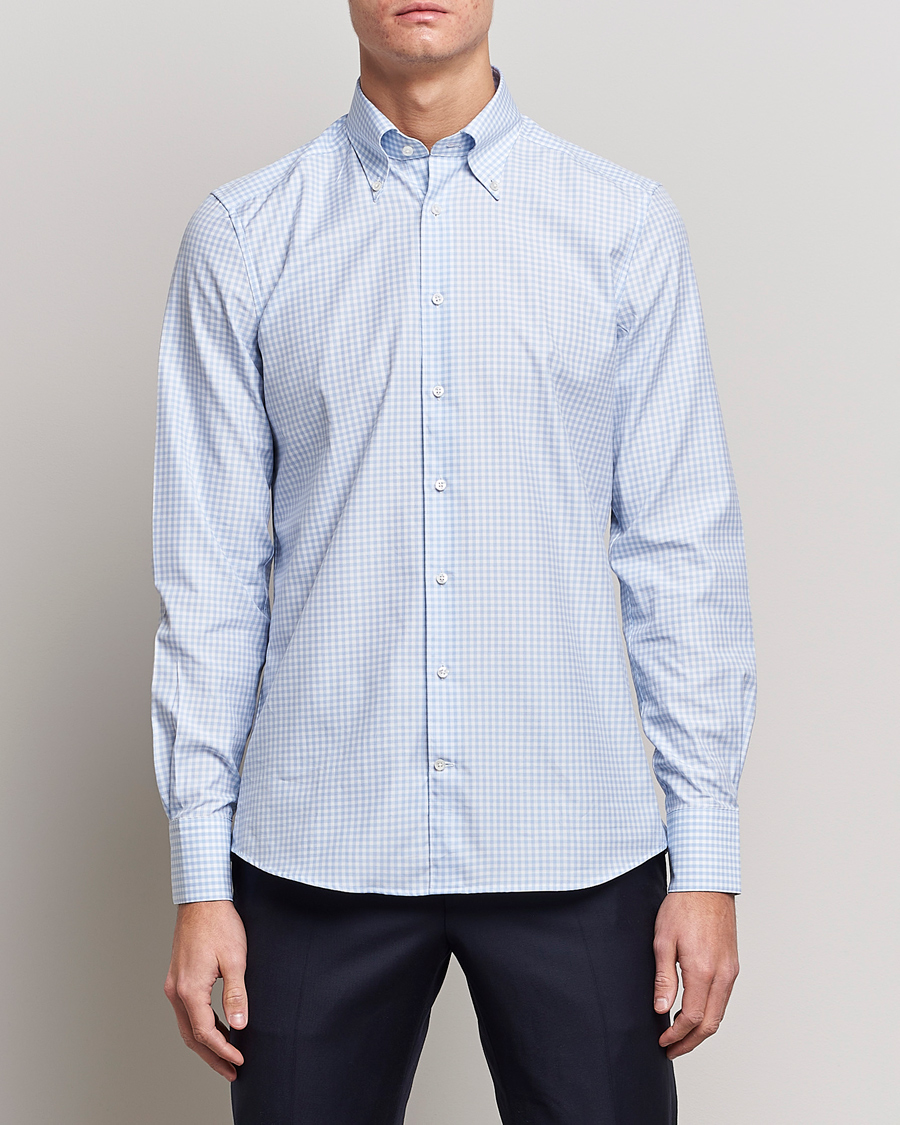 Men | Business Shirts | Stenströms | 1899 Slimline Button Down Check Shirt White/Blue