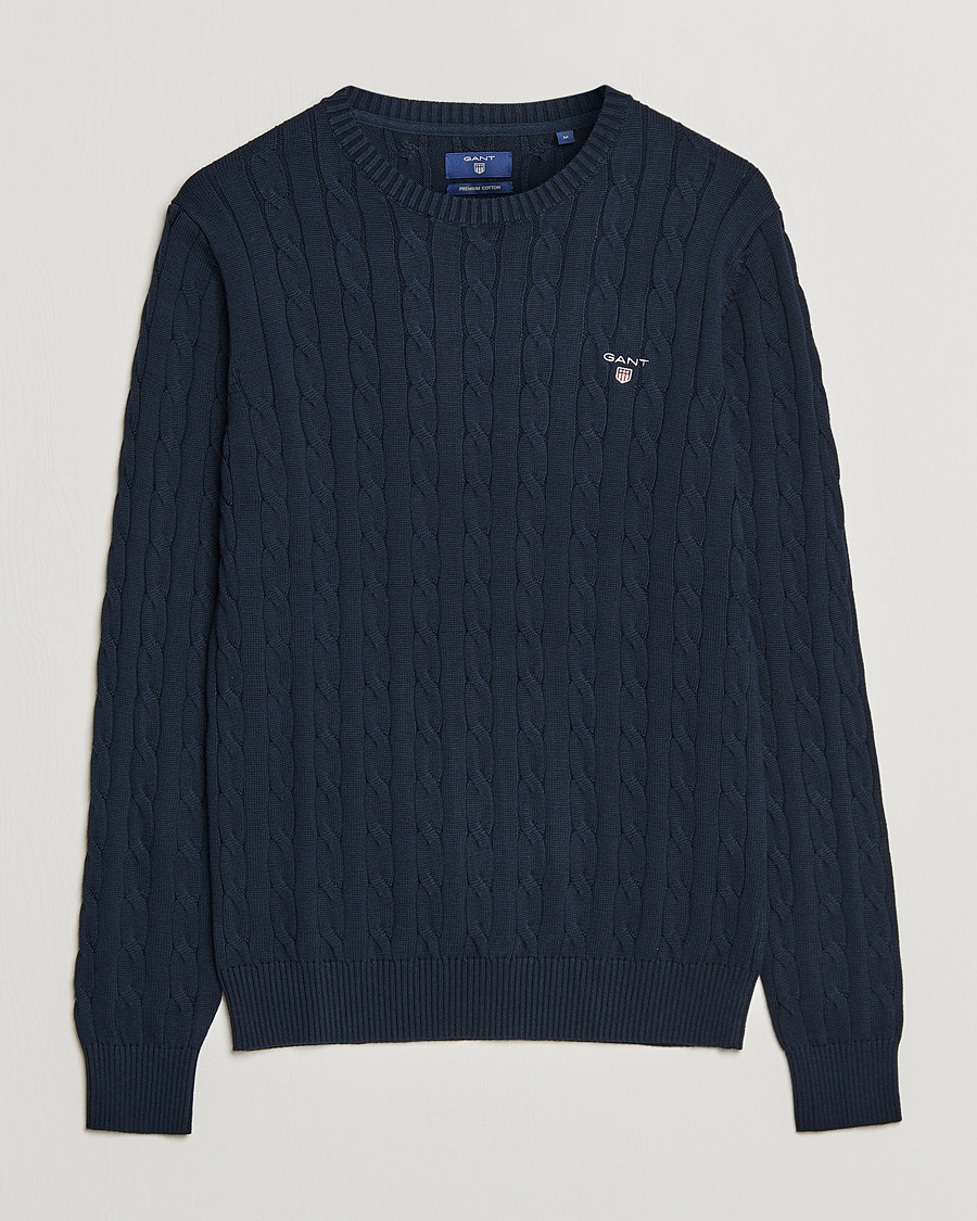 Men | Sweaters & Knitwear | GANT | Cotton Cable Crew Neck Pullover Evening Blue