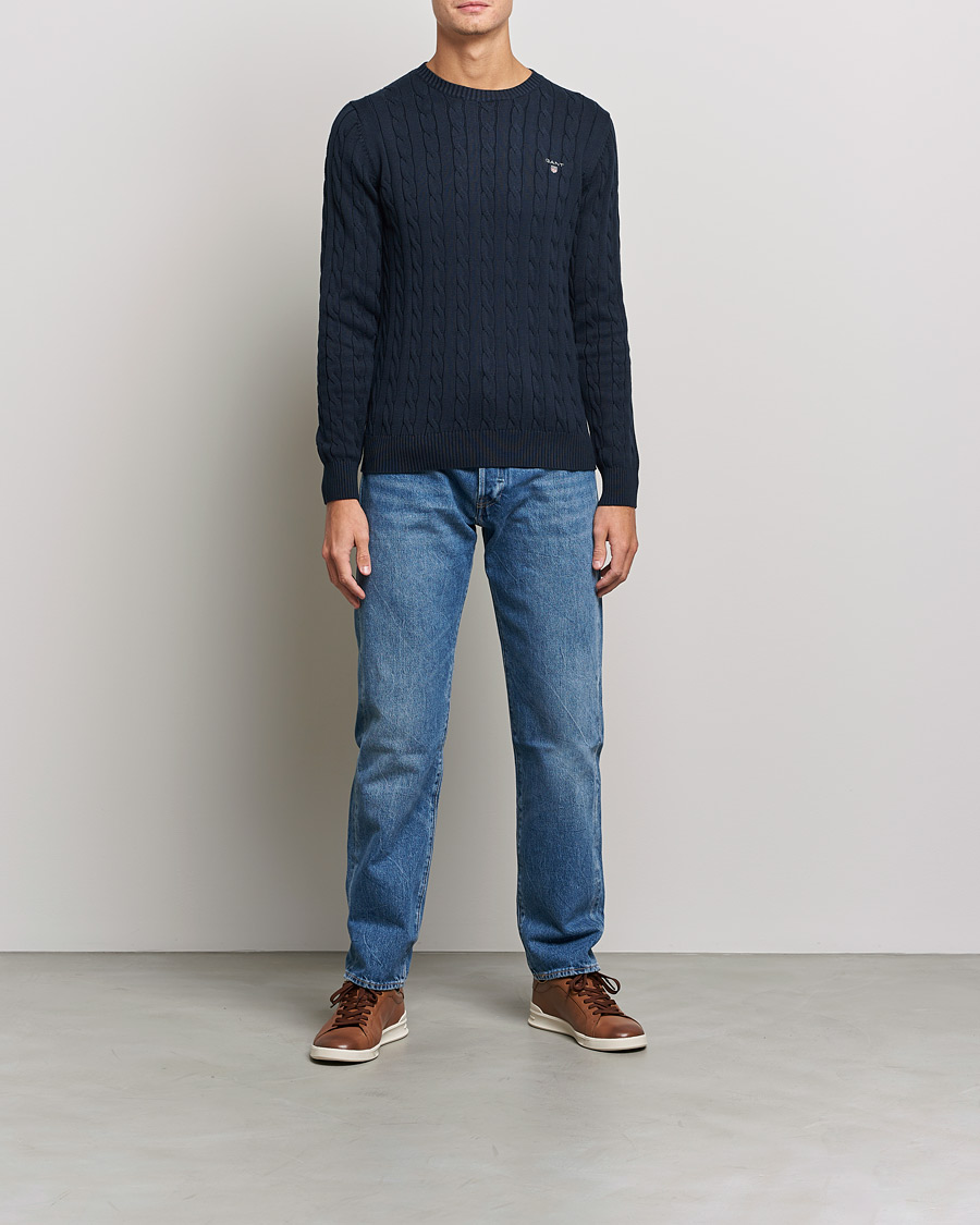 Men | Sweaters & Knitwear | GANT | Cotton Cable Crew Neck Pullover Evening Blue