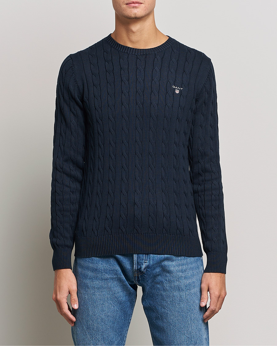 Men | Knitted Jumpers | GANT | Cotton Cable Crew Neck Pullover Evening Blue