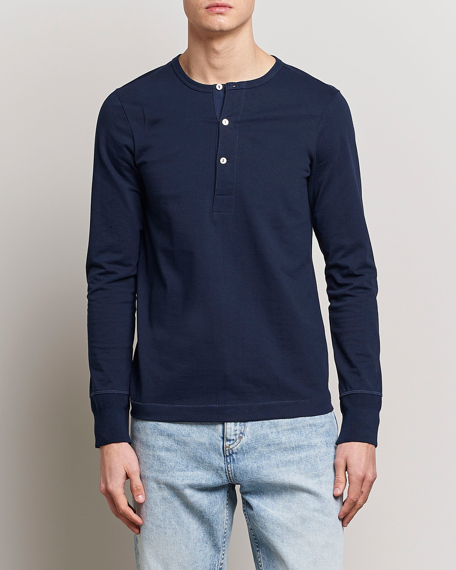 Men | Sweaters & Knitwear | Merz b. Schwanen | Classic Organic Cotton Henley Sweater Ink Blue