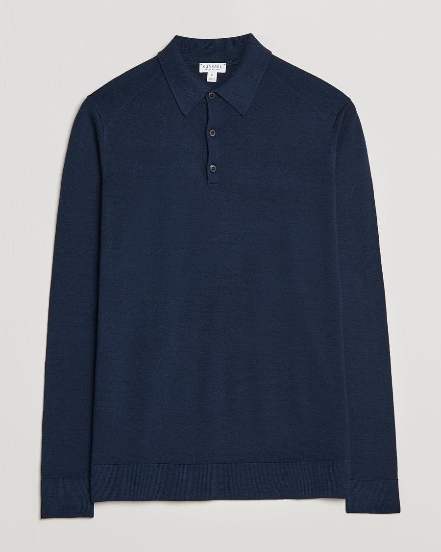 Men | Sweaters & Knitwear | Sunspel | Long Sleeve Polo Navy
