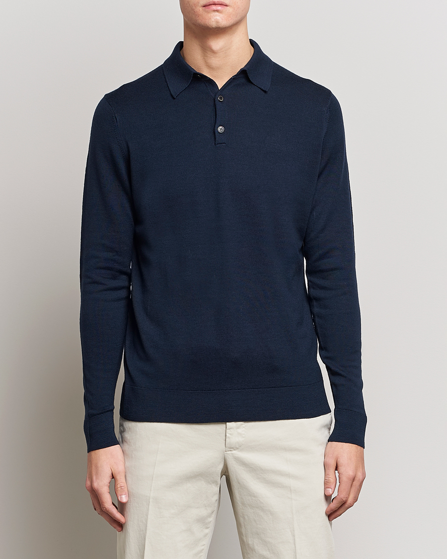 Men | Knitted Polo Shirts | Sunspel | Long Sleeve Polo Navy