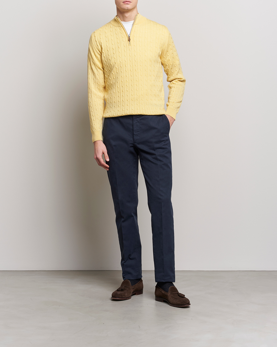Men | Sweaters & Knitwear | Stenströms | Merino Cable Half Zip Yellow