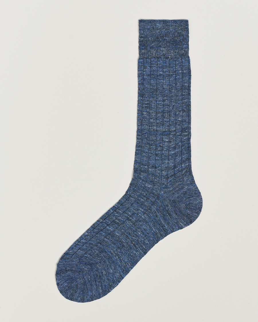 Men |  | Bresciani | Linen Ribbed Short Socks Blue Melange