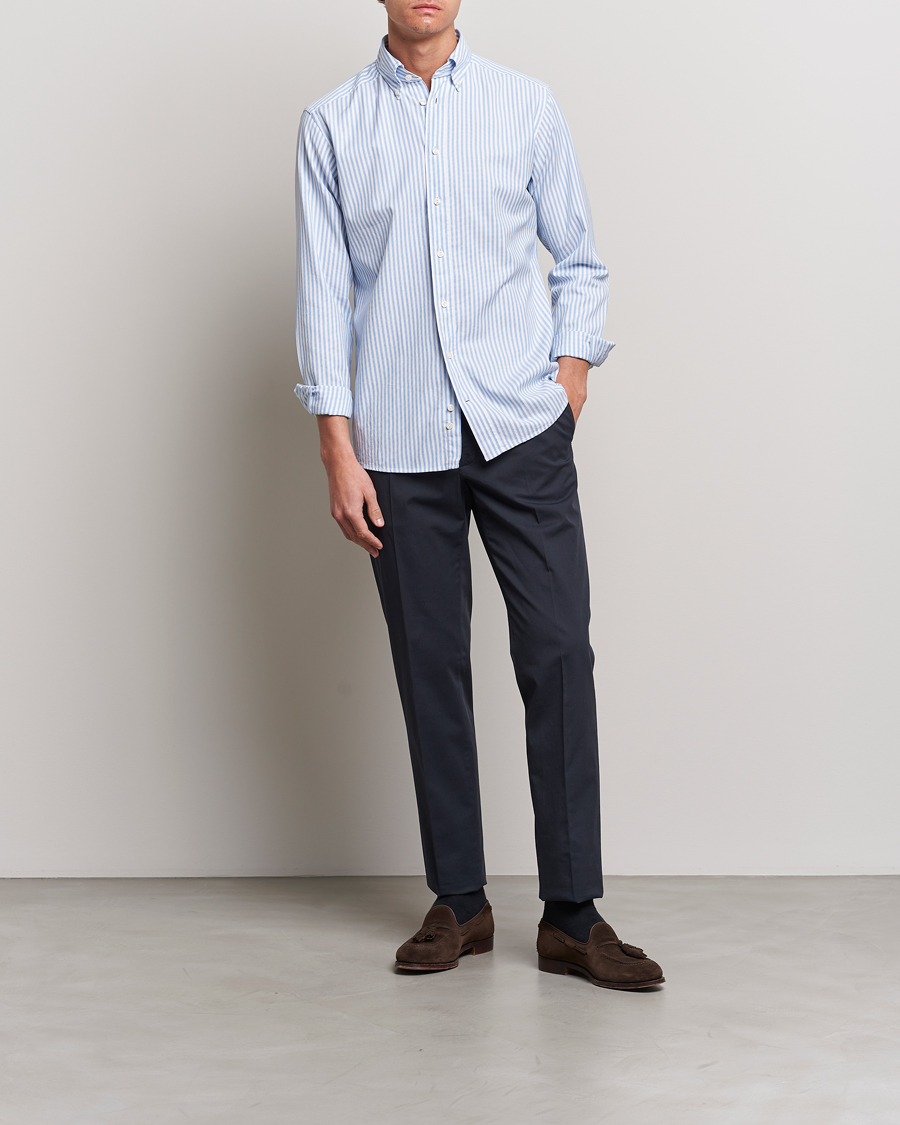 Men | Shirts | Eton | Slim Fit Royal Oxford Stripe Button Down Light Blue
