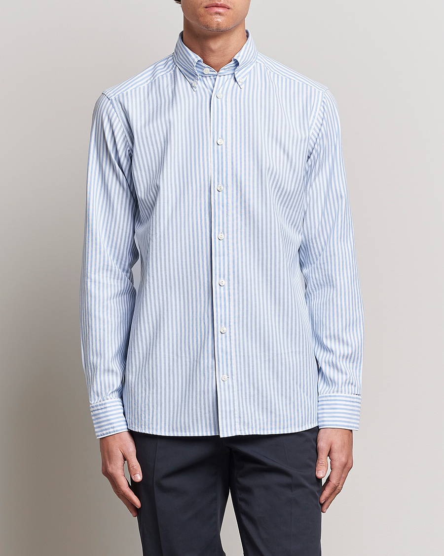 Men | Shirts | Eton | Slim Fit Royal Oxford Stripe Button Down Light Blue