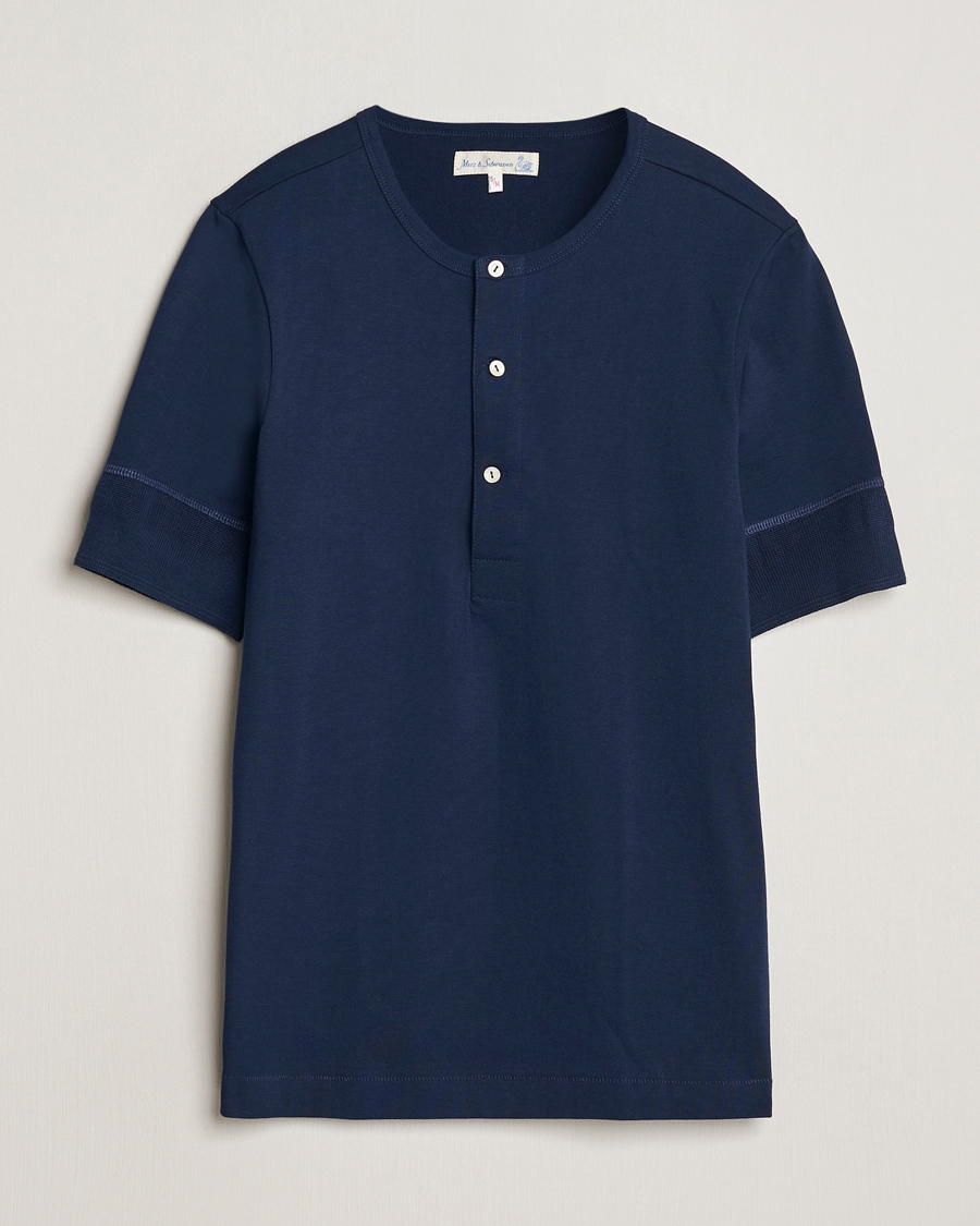Men | Sweaters & Knitwear | Merz b. Schwanen | Short Sleeve Organic Cotton Henley Ink Blue