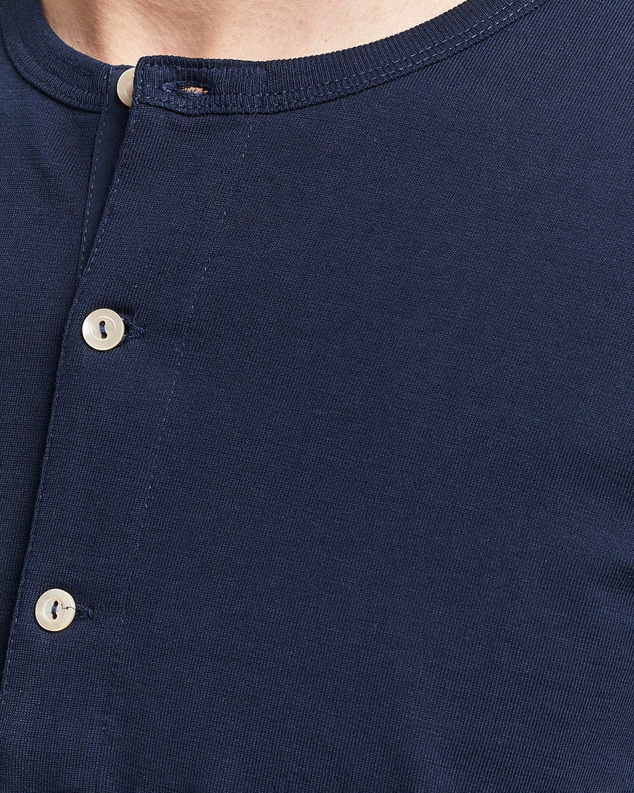 Men | Sweaters & Knitwear | Merz b. Schwanen | Short Sleeve Organic Cotton Henley Ink Blue