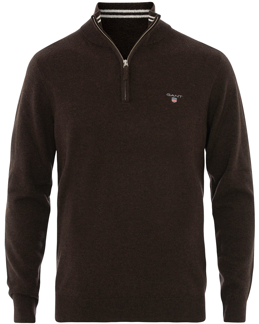 Men | Sweaters & Knitwear | GANT | Lambswool Half Zip Dark Brown