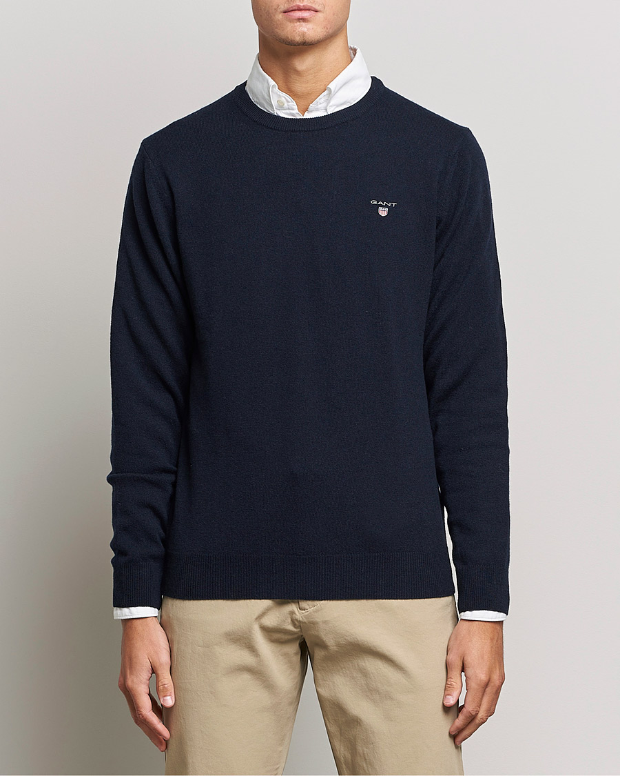 Men | Sweaters & Knitwear | GANT | Lambswool Crew Neck Pullover Marine
