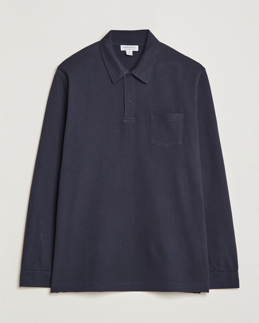 Men | Polo Shirts | Sunspel | Long Sleeve Riviera Polo Shirt Navy