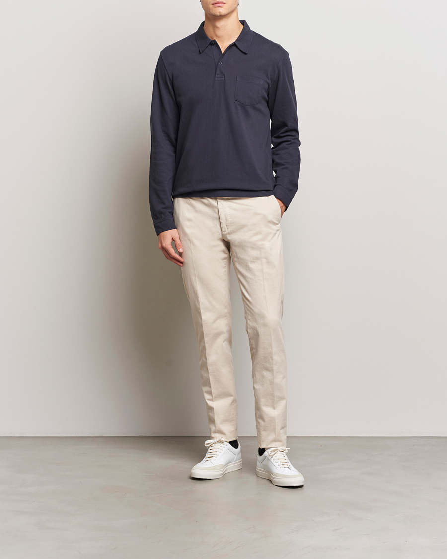 Men | Polo Shirts | Sunspel | Long Sleeve Riviera Polo Shirt Navy