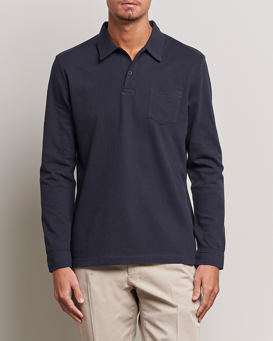 Men | Long Sleeve Polo Shirts | Sunspel | Riviera Long Sleve Polo Navy