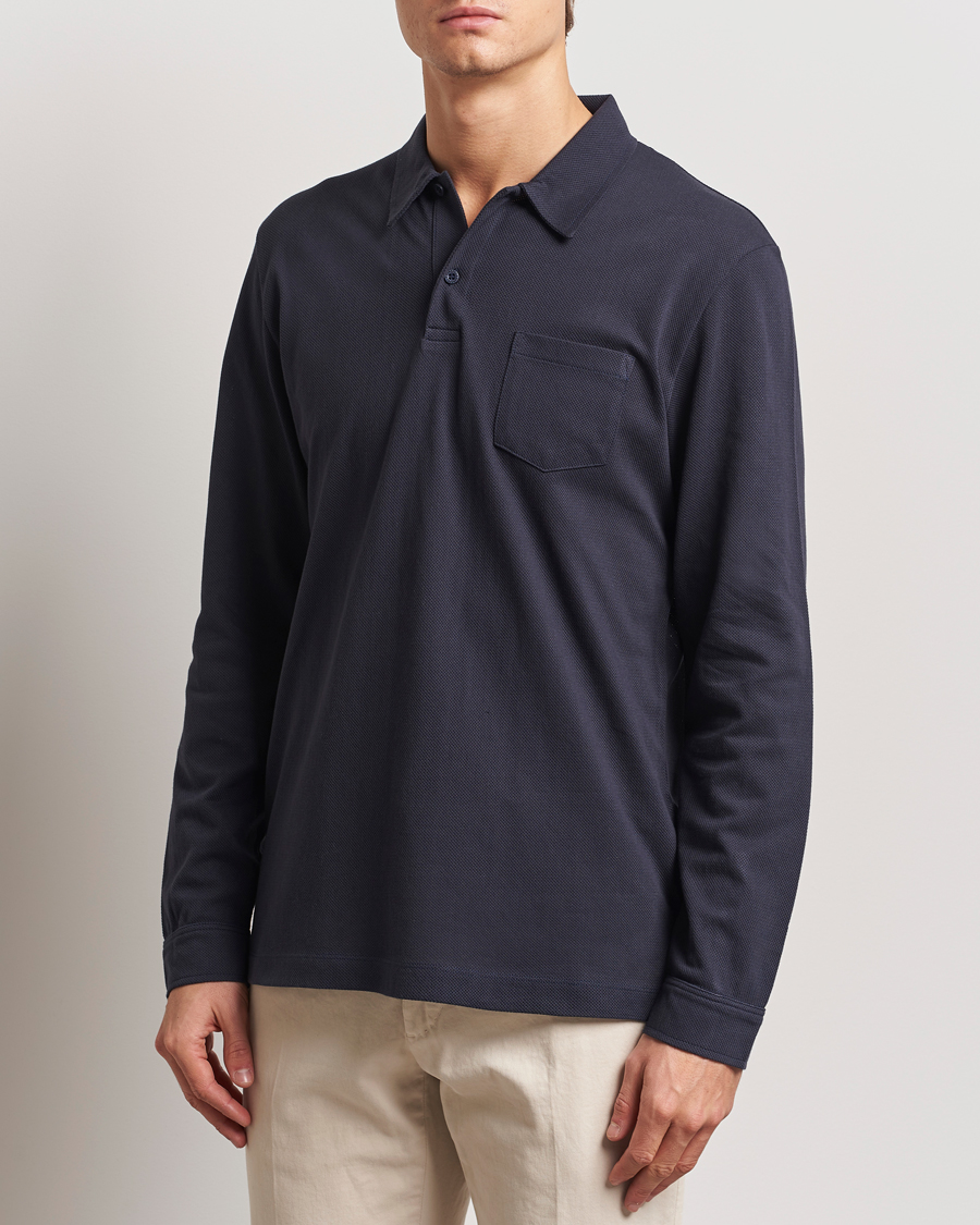 Men | Polo Shirts | Sunspel | Long Sleeve Riviera Polo Shirt Navy