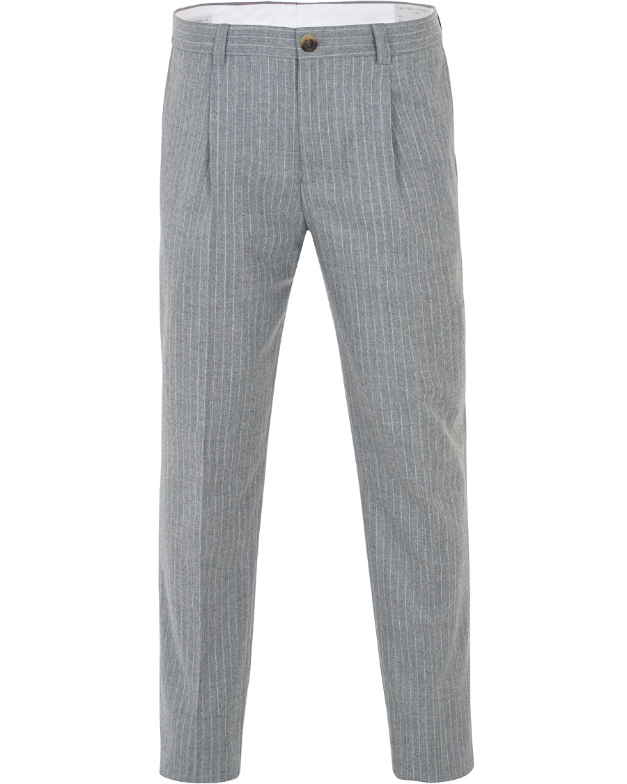 Men | Trousers | Brunello Cucinelli | Slim Fit Pin Stripe Pleated Flannel Trousers Light Grey