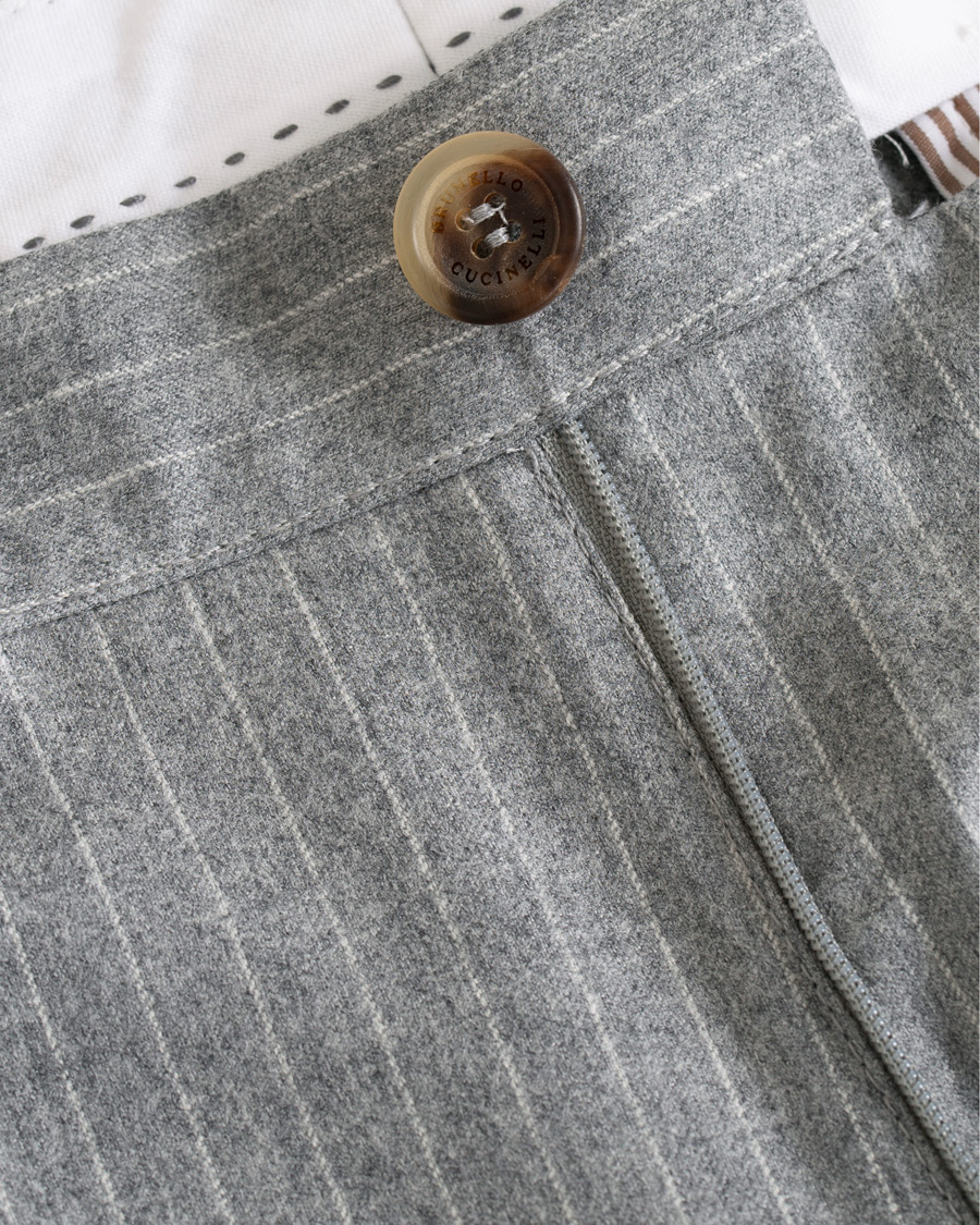 Men | Trousers | Brunello Cucinelli | Slim Fit Pin Stripe Pleated Flannel Trousers Light Grey