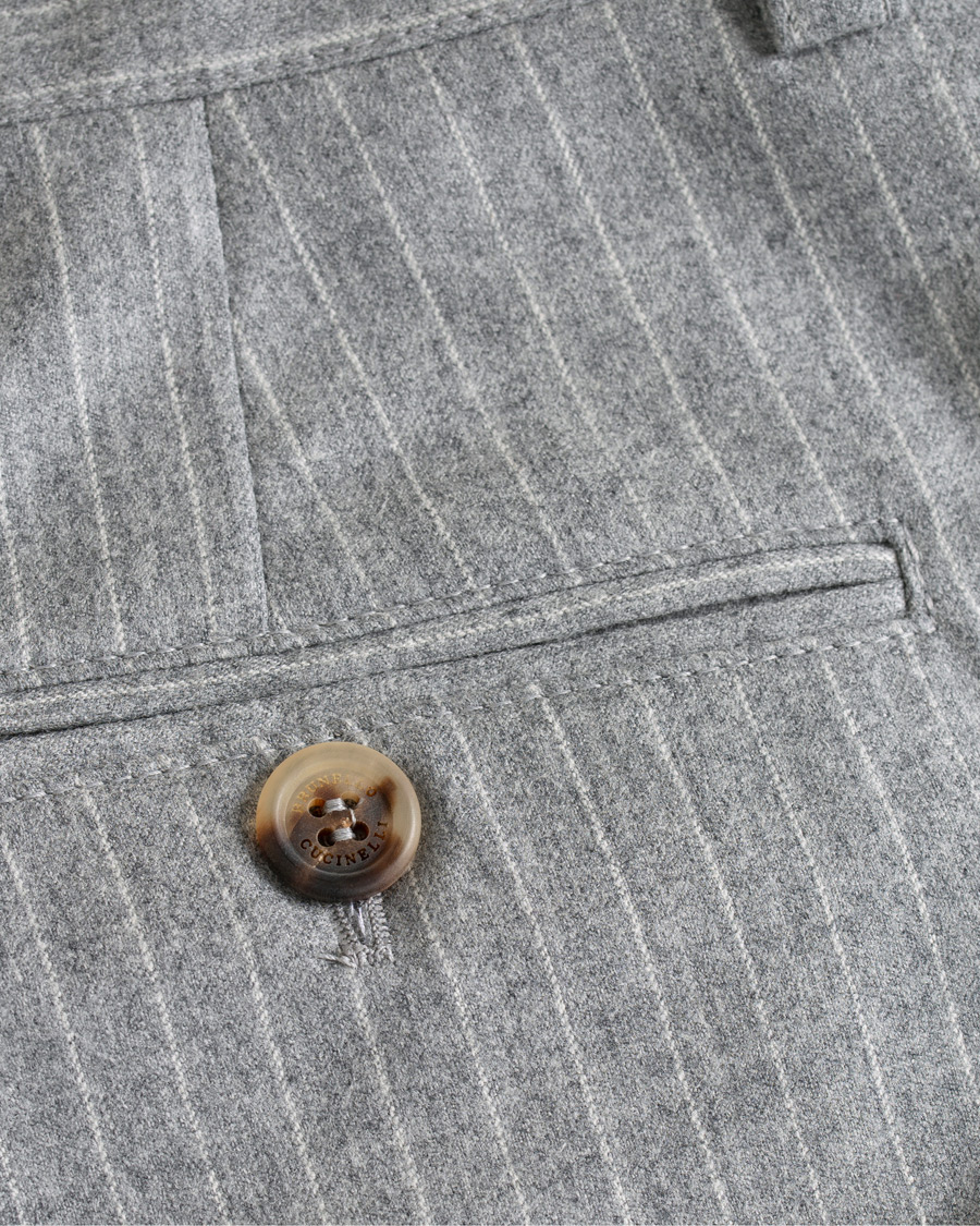 Men | Trousers | Brunello Cucinelli | Slim Fit Pin Stripe Pleated Flannel Trousers Light Grey