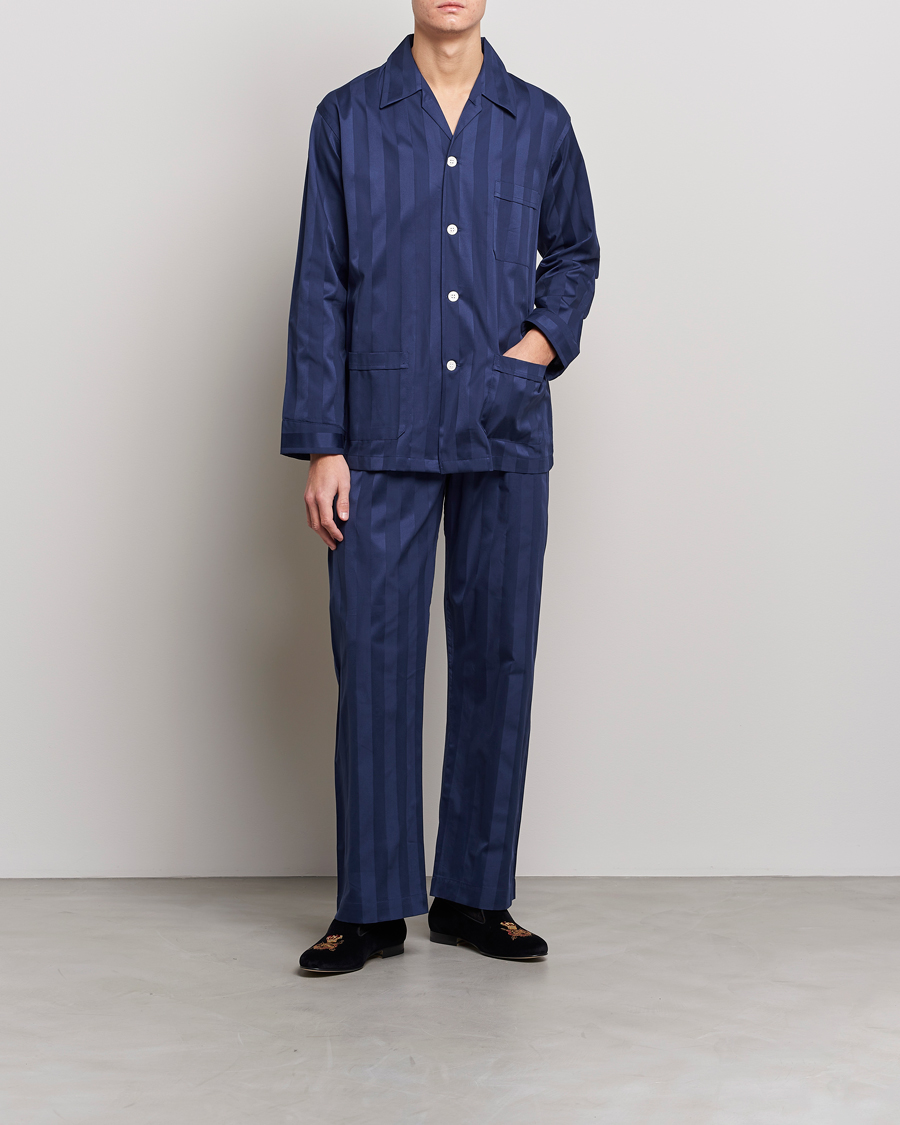 Men |  | Derek Rose | Striped Cotton Satin Pyjama Set Navy