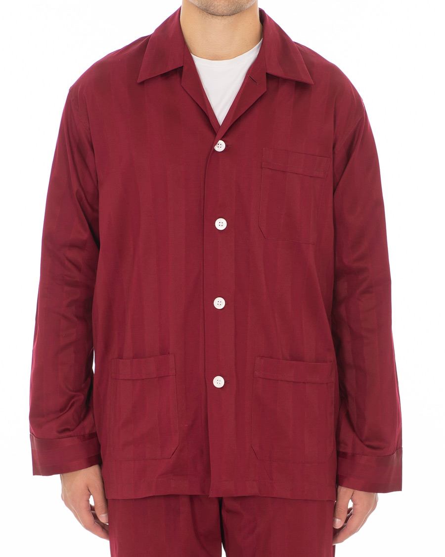 Men |  | Derek Rose | Cotton Satin Striped Pyjama Set Wine Red