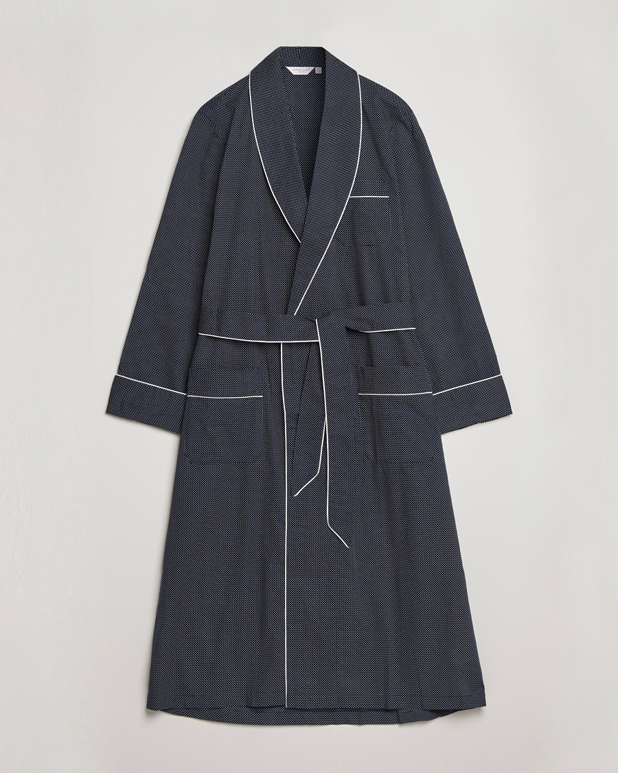 Men | Pyjamas & Robes | Derek Rose | Polka Dot Cotton Satin Dressing Gown Navy