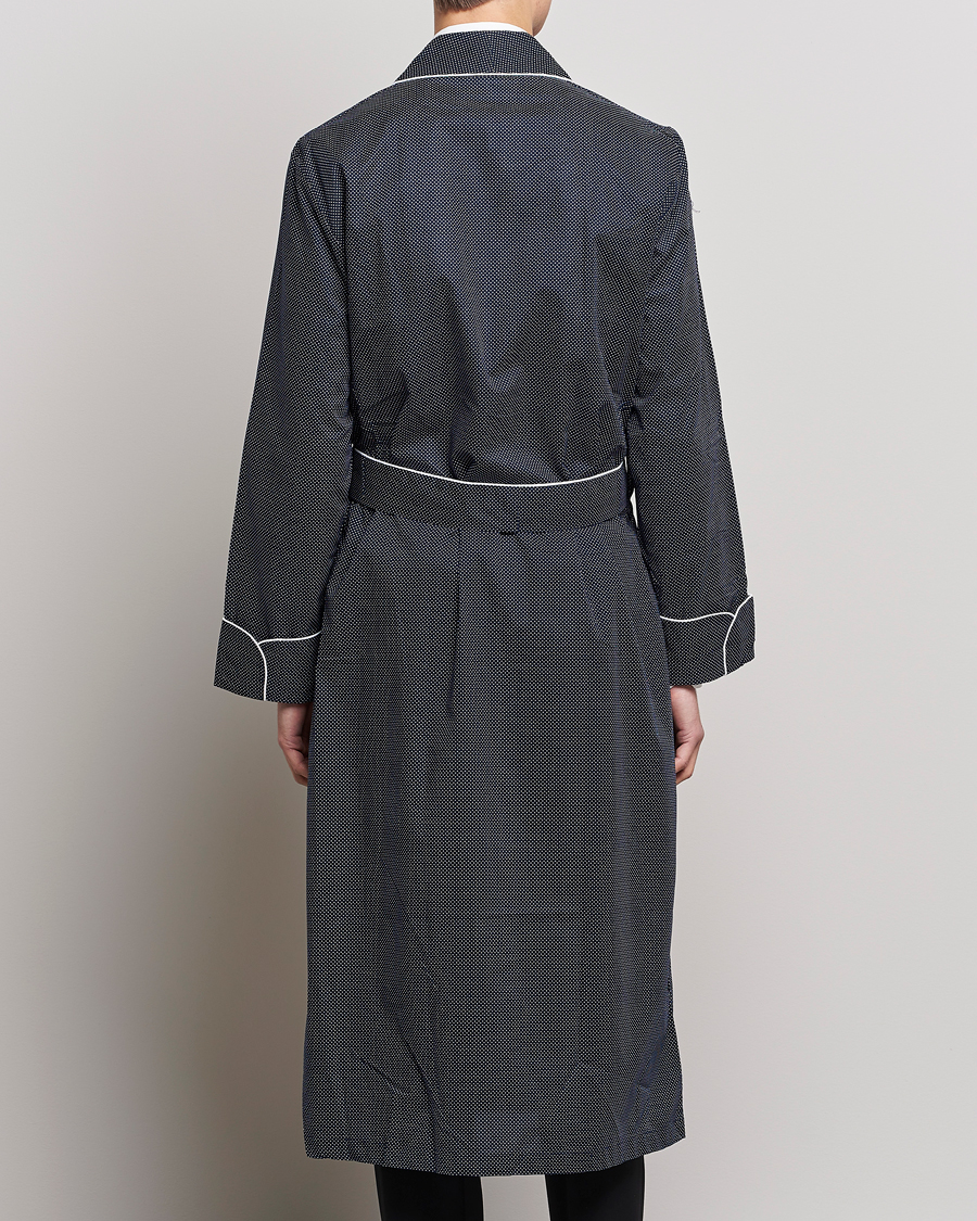 Men | Pyjamas & Robes | Derek Rose | Polka Dot Cotton Satin Dressing Gown Navy