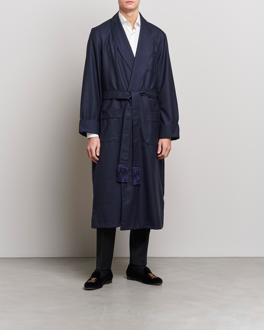 Men | Pyjamas & Robes | Derek Rose | Pure Wool Dressing Gown Navy