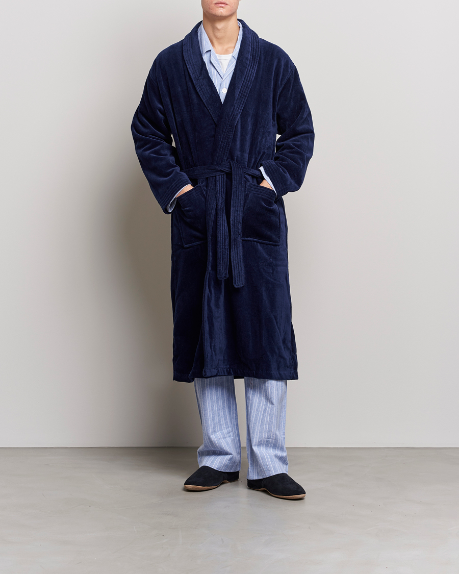 Men | Robes | Derek Rose | Cotton Velour Gown Navy