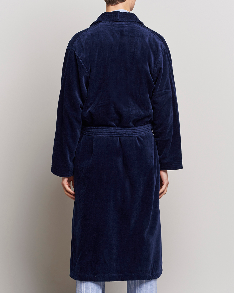 Men | Pyjamas & Robes | Derek Rose | Cotton Velour Gown Navy