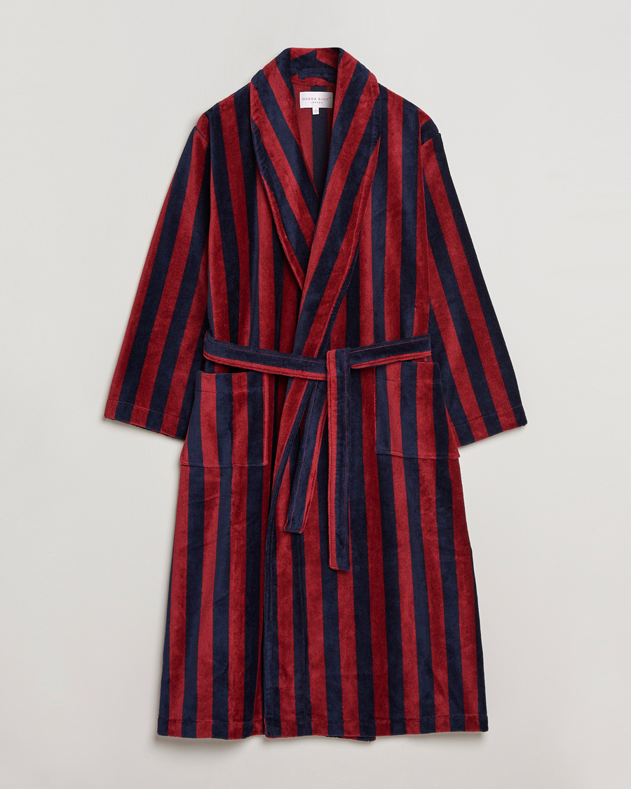 Men |  | Derek Rose | Cotton Velour Striped Gown Red/Blue