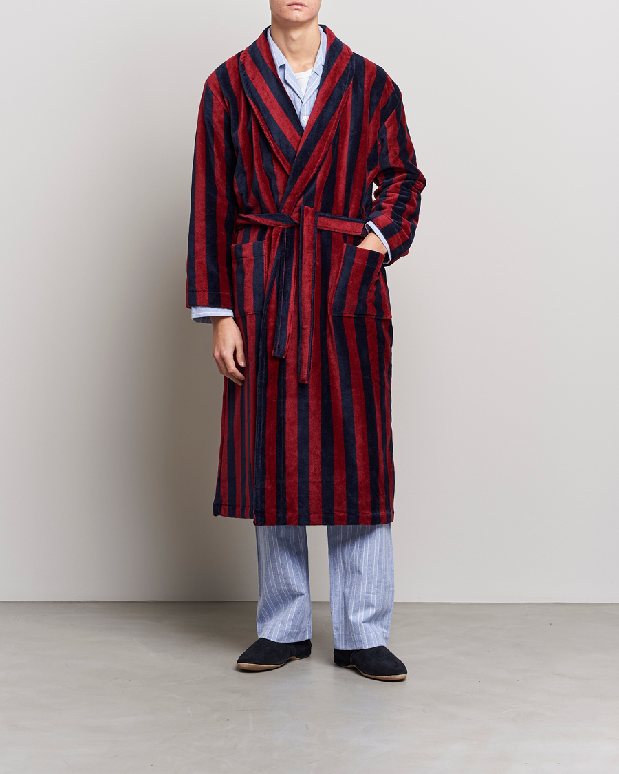 Men | Pyjamas & Robes | Derek Rose | Cotton Velour Striped Gown Red/Blue