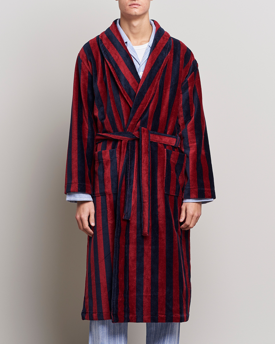 Men | Loungewear | Derek Rose | Cotton Velour Striped Gown Red/Blue