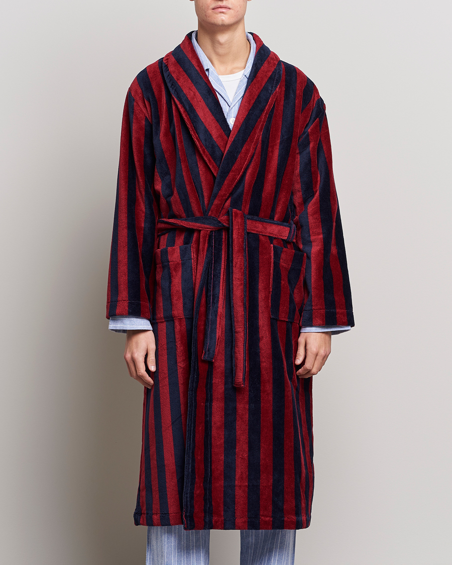 Men | Pyjamas & Robes | Derek Rose | Cotton Velour Striped Gown Red/Blue