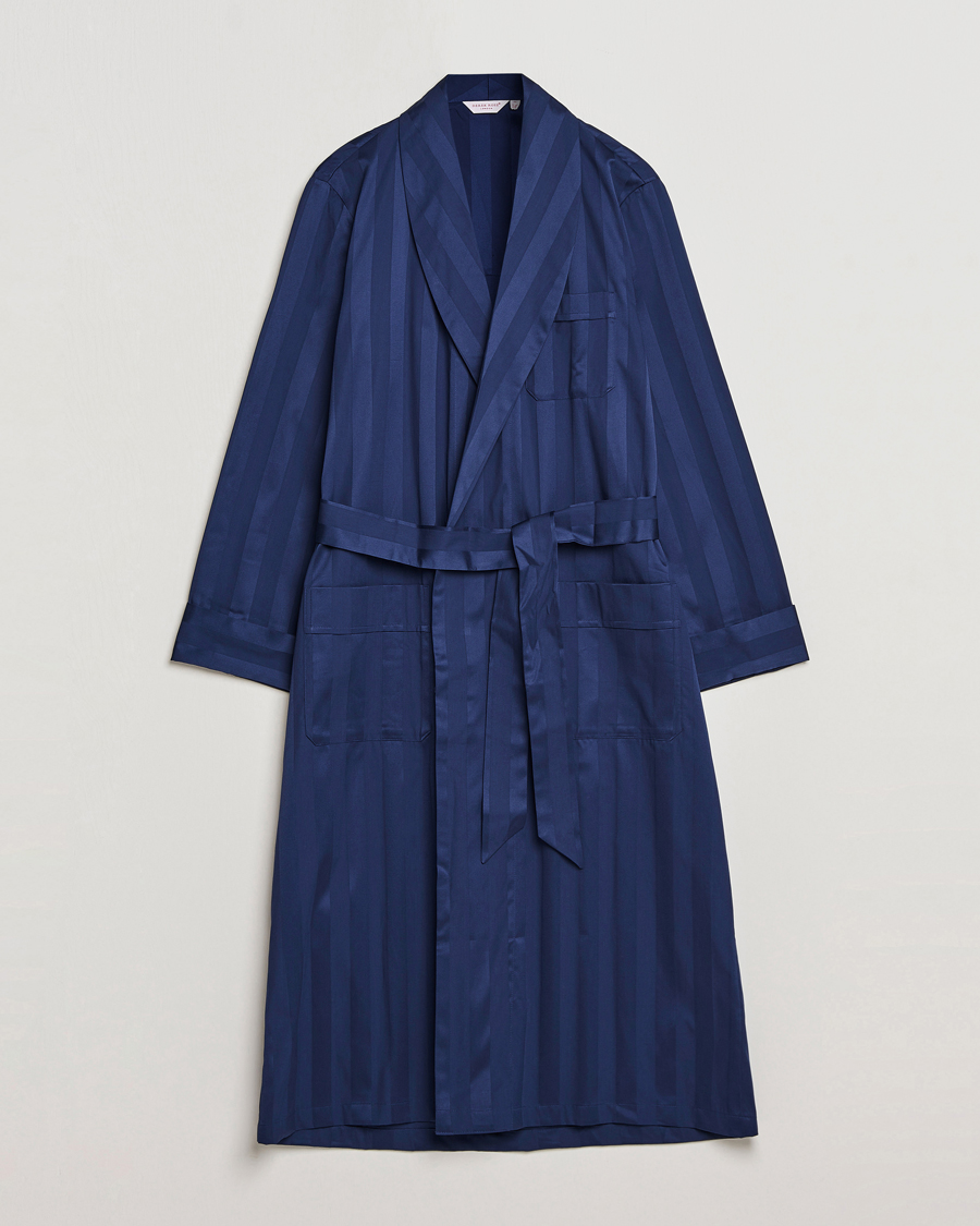 Derek Rose Striped Cotton Satin Dressing Gown Navy/Navy at CareOfCarl.com Derek Rose Striped Cotton Satin Dressing Gown Navy/Navy at CareOfCarl.com