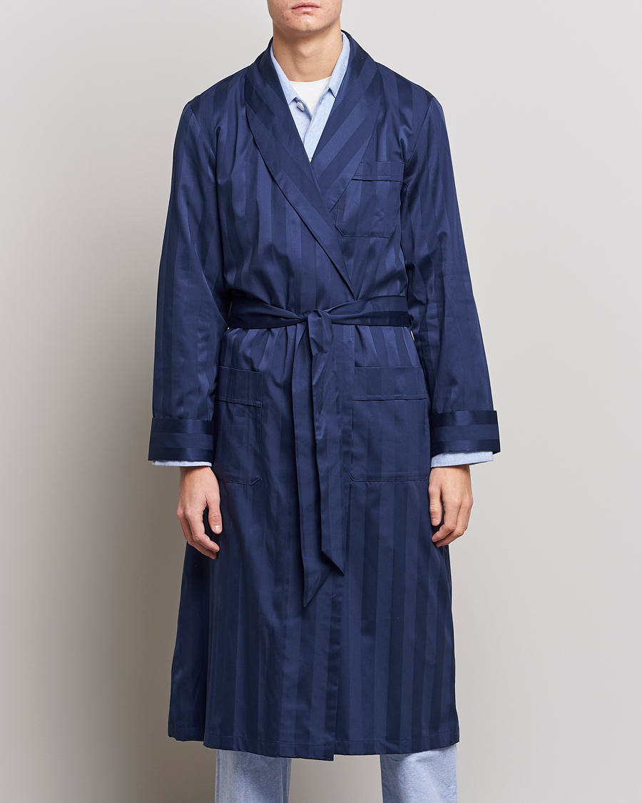 Men |  | Derek Rose | Striped Cotton Satin Dressing Gown Navy/Navy