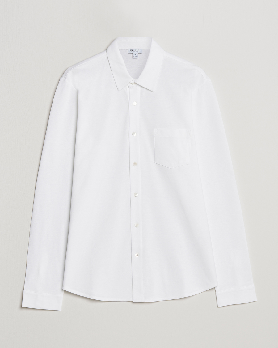 Men | Polo Shirts | Sunspel | Long Sleeve Pique Shirt White